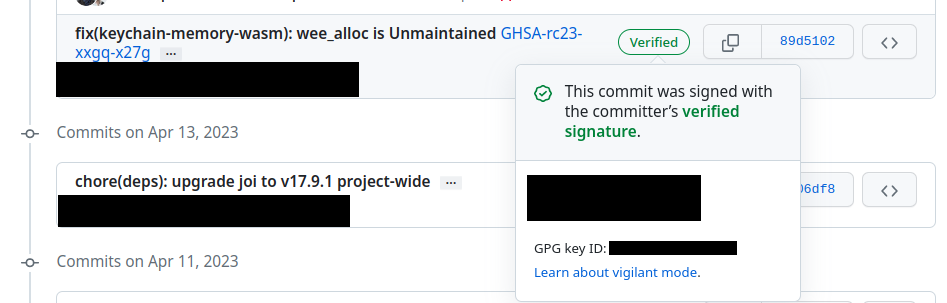 GitHub Vigilant Mode Depicting a Valid Commit Signature in the Commit Log